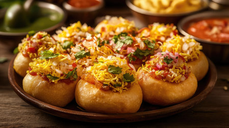 High-definition image of a platter of Indian street food, including pani puri and bhel puri, with a focus on the fresh ingredients and vibrant presentation.の素材