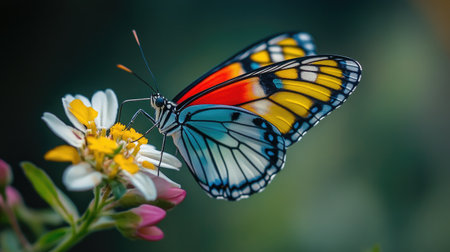 High-resolution close-up of a butterfly perched on a flower, showcasing its colorful wings, delicate details, and the flower's texture.の素材