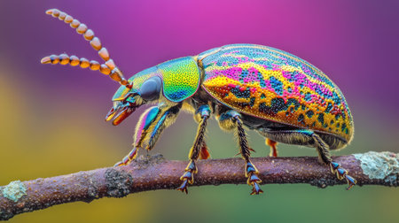 High-resolution close-up of a colorful beetle on a branch, highlighting its vivid patterns and glossy exoskeleton against a contrasting background.の素材