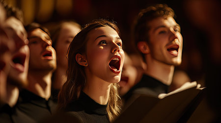 High-resolution shot of a choir in full performance, capturing the singers in mid-song with open mouths and expressive gestures, against a dramatic backgroundの素材