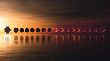 High-resolution shot of the solar eclipse in progress, showing the gradual alignment of the moon and sun, with the surrounding sky transitioning in color.の素材