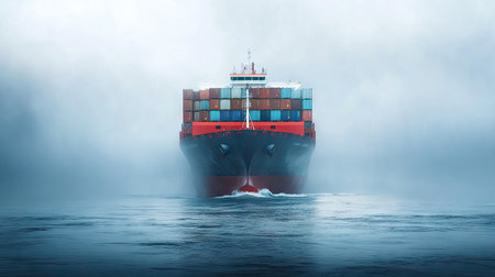 Large cargo container ship moving across the sea, representing global logistics and international transportation. Focus on ocean freight shipping services.の素材