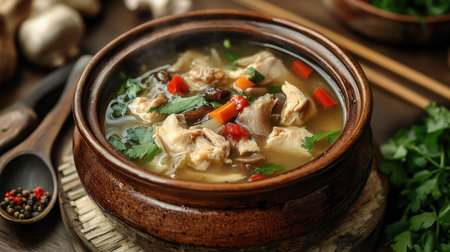 Rustic presentation of Silkie chicken soup in a clay pot, featuring Chinese medicinal ingredients. A traditional dish revered in Asian cultures for its immune-boosting properties.の素材