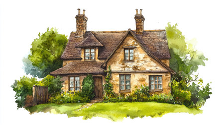 English house with a green lawn, isolated on white with a watercolor hand-drawn effect.の素材