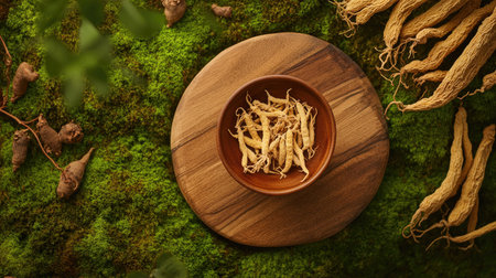 Flat lay of a bowl of ginseng tonic placed on a wooden board, with dried ginseng roots and twigs artfully displayed on a green moss background. Natural and soothing ambiance.の素材