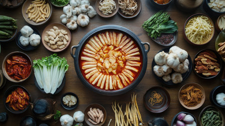Top-down shot of a traditional Korean spread with Samgyetang as the centerpiece, surrounded by fresh ginseng roots, garlic, and traditional Korean condimentsの素材