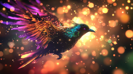 High-definition shot of a bird with bright, iridescent feathers, set against a backdrop of abstract, multicolored lights for a dynamic and eye-catching composition.の素材