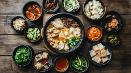 Top view of a traditional Korean Samgyetang meal with ginseng chicken soup, side dishes, and dipping sauces arranged on a wooden table. A wholesome and balanced meal. -の素材