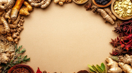 Top view of traditional Chinese herbs in a circular layout, set against a light brown background. Ample space in the center for adding text, ideal for health and wellness promotions.の素材