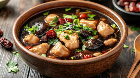Hearty bowl of Chinese black chicken soup with a rich, dark broth, paired with herbal roots and red dates. A popular and nutritious comfort food in Asian households.の素材