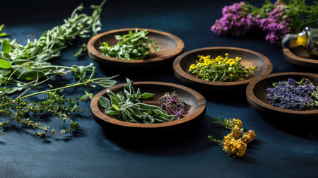 Traditional medicinal scene with folk herbs displayed on wooden plates. Dark navy blue background highlights the richness of the setup, perfect for health care marketing.の素材