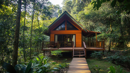 Picturesque wooden cottage nestled among forest trees, offering a peaceful and scenic setting for a perfect nature getaway.の素材