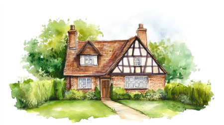 Watercolor painting of a classic English house, surrounded by green lawn, isolated on white.の素材