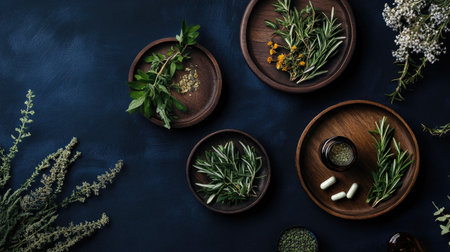 Folk herbs and medicinal accessories arranged on wooden plates. Dark navy blue backdrop enhances the aesthetic appeal, ideal for advertising natural health care.の素材