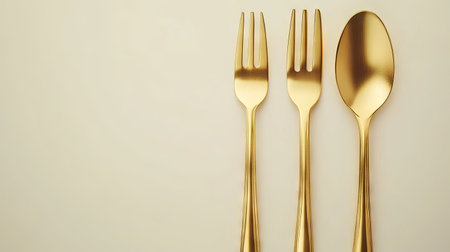 Luxurious gold cutlery set, featuring a spoon and fork, placed on a smooth white background. The premium tableware shines in an elegant composition.の素材
