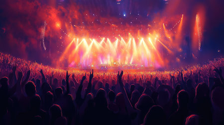Wide view of a huge, ecstatic concert crowd with illuminated stage. Fans are engaged, waving and dancing to the music in a high-energy environment.の素材
