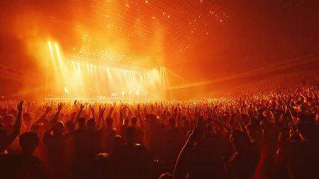 Wide view of a huge, ecstatic concert crowd with illuminated stage. Fans are engaged, waving and dancing to the music in a high-energy environment.の素材