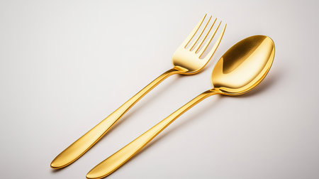 Luxurious gold cutlery set, featuring a spoon and fork, placed on a smooth white background. The premium tableware shines in an elegant composition.の素材