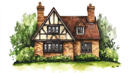 Idyllic English house on a green lawn, hand-drawn in watercolor and isolated on white.の素材