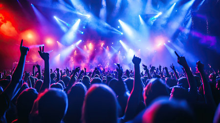 Thrilled crowd at a concert, with enthusiastic fans cheering and enjoying the performance. Stage lights and music create a lively and dynamic scene. -の素材