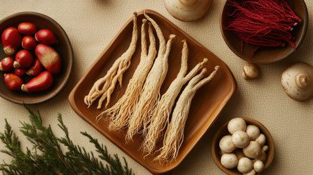Overhead shot of ginseng roots, Ganoderma mushrooms, and red ginseng on wooden dishes, set against a beige background, showcasing the herbs' natural appeal for marketing purposes.の素材