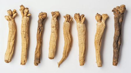 Overhead shot of multiple dried ginseng roots arranged on a white background. The simplicity highlights the organic texture and form of the roots.の素材