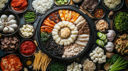 Top-down shot of a traditional Korean spread with Samgyetang as the centerpiece, surrounded by fresh ginseng roots, garlic, and traditional Korean condimentsの素材