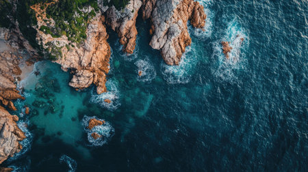 Scenic aerial view of a rocky coastline with emerald sea water, perfect for travel guides, postcards, or beach-themed graphics.の素材
