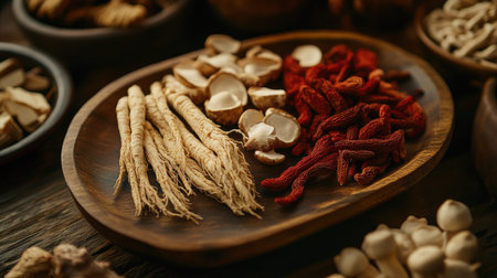 Traditional Chinese herbal medicine display with ginseng, red ginseng, and reishi mushrooms in a wooden dish. Emphasizing natural ingredients and roots for holistic health. -の素材