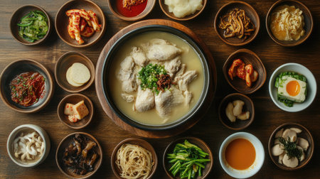 Top view of a traditional Korean Samgyetang meal with ginseng chicken soup, side dishes, and dipping sauces arranged on a wooden table. A wholesome and balanced meal. -の素材