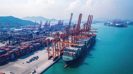 Wide-angle shot of a sea port with towering cranes and container ships docked. Focuses on port operations, logistics, and maritime industry infrastructure.の素材