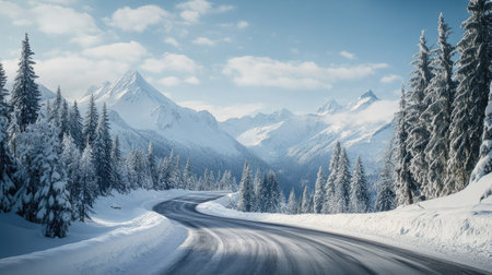 Scenic shot of a mountain road meandering through a snowy landscape, with pristine white snow covering the surrounding peaks and evergreen trees.の素材