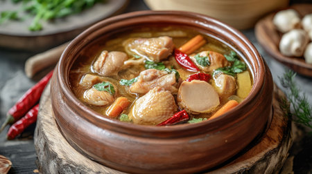 Rustic presentation of Silkie chicken soup in a clay pot, featuring Chinese medicinal ingredients. A traditional dish revered in Asian cultures for its immune-boosting properties.の素材