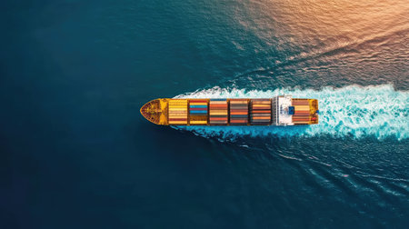 Top view of a loaded cargo ship in the vast ocean, demonstrating the logistics of sea freight and industrial shipping. Highlights the ship cargo and transportation efficiency.の素材