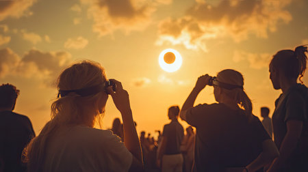 Wide-angle shot of a solar eclipse with people observing it with solar glasses, capturing the awe and excitement during the celestial event.の素材