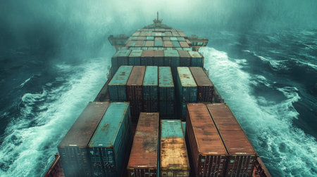 View from the back of a cargo container ship in the deep sea, nearing a bustling industrial port. Highlights sea freight logistics and the scale of container shipping operations.の素材
