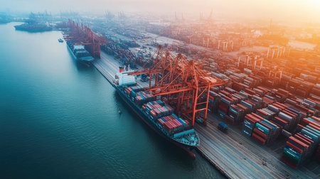 View of a busy sea port with large cranes unloading cargo from container ships. Highlights logistics, maritime operations, and port efficiency. -の素材