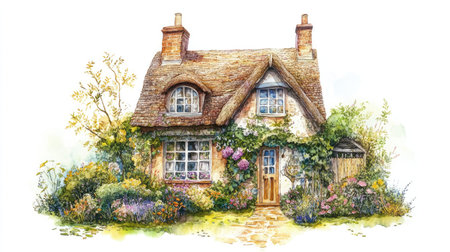 Traditional British cottage with a lush garden, watercolor illustration isolated on white. -の素材