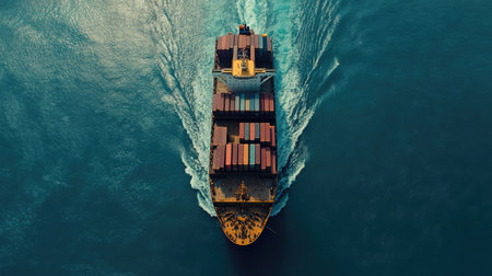 Top view of a loaded cargo ship in the vast ocean, demonstrating the logistics of sea freight and industrial shipping. Highlights the ship cargo and transportation efficiency.の素材
