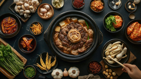 Top-down shot of a traditional Korean spread with Samgyetang as the centerpiece, surrounded by fresh ginseng roots, garlic, and traditional Korean condimentsの素材