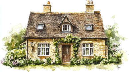 Traditional British cottage with a lush garden, watercolor illustration isolated on white. -の素材