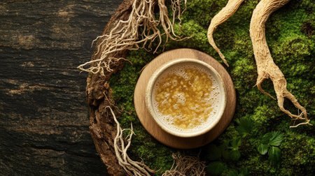 Top view of a bowl of ginseng tonic on a rustic wooden platform, with ginseng roots and dried twigs artfully arranged on a green moss background. Natural beauty and wellness scene.の素材