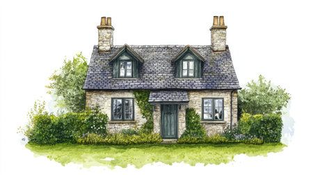 Traditional British cottage with a green lawn, watercolor style, isolated on white. -の素材