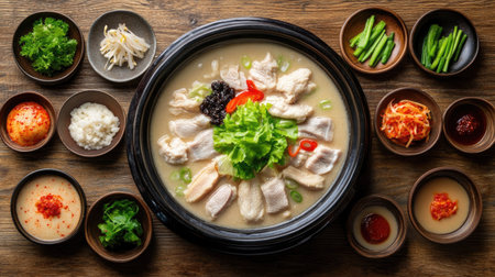 Top view of a traditional Korean Samgyetang meal with ginseng chicken soup, side dishes, and dipping sauces arranged on a wooden table. A wholesome and balanced meal. -の素材