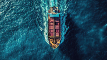 Top view of a loaded cargo ship in the vast ocean, demonstrating the logistics of sea freight and industrial shipping. Highlights the ship cargo and transportation efficiency.の素材