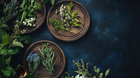 Traditional medicinal scene with folk herbs displayed on wooden plates. Dark navy blue background highlights the richness of the setup, perfect for health care marketing.の素材