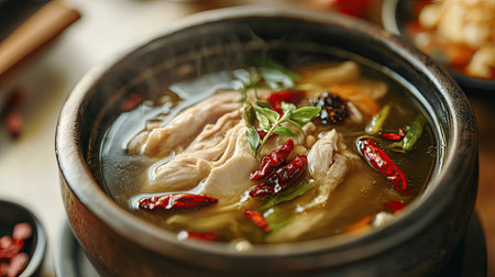 Traditional Silkie chicken soup with dark broth, served in an earthenware bowl. Includes Chinese herbs like dang gui and goji berries, popular for its nutritional value.の素材