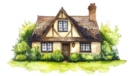 Watercolor art of a British cottage with a garden, isolated on white background, with green grass.の素材