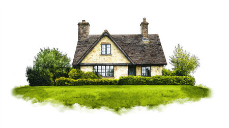 Traditional English cottage on a lush green lawn, isolated on white with a watercolor effect.の素材