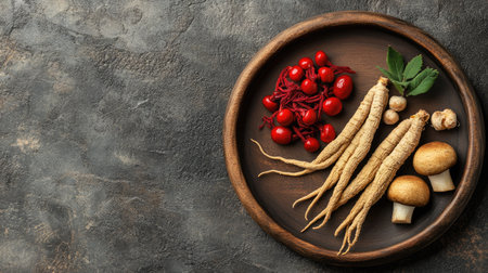 Traditional wooden dish with ginseng, red ginseng, and reishi mushrooms. Chinese herbal medicine ingredients showcased on a simple background for natural health.の素材